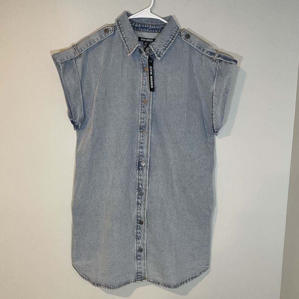 Steve Madden Llara Denim Shirt Dress Women's Small Snap‎ Front Stone Wash NEW - Picture 3 of 11